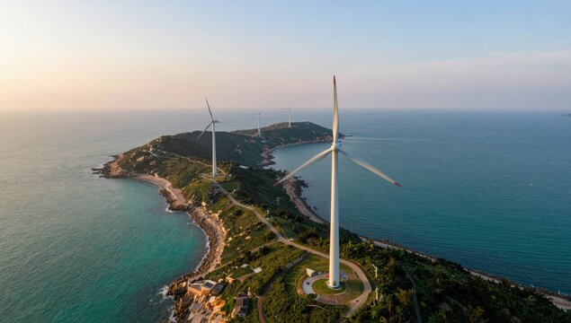 Wind turbines along a green coastal headland with calm blue sea from above