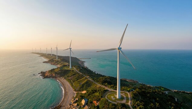 Aerial view of coastal wind turbines on a green headland beside a turquoise sea