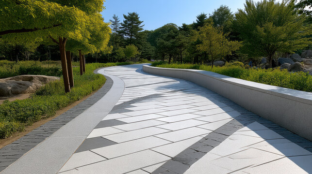 Long narrow paving design with interlocking geometric pattern, modern walkway in park, surrounded by lush green trees