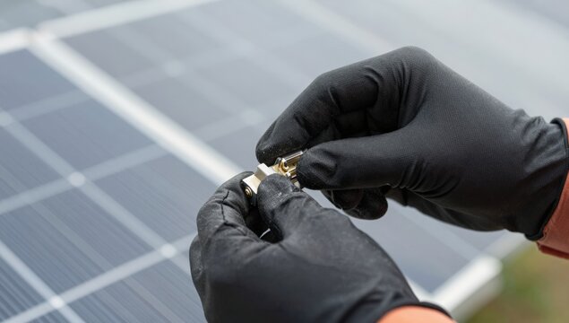 Technician hands in black gloves joining a solar cable connector on site