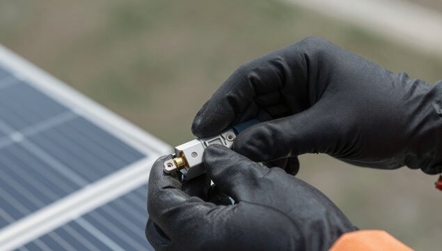 Gloved hands connecting a solar panel cable connector in close detail