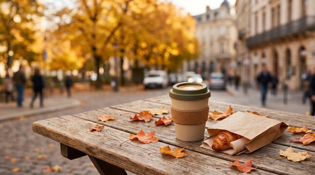Autumn morning coffee and croissant on a wooden table outdoors in a European city street