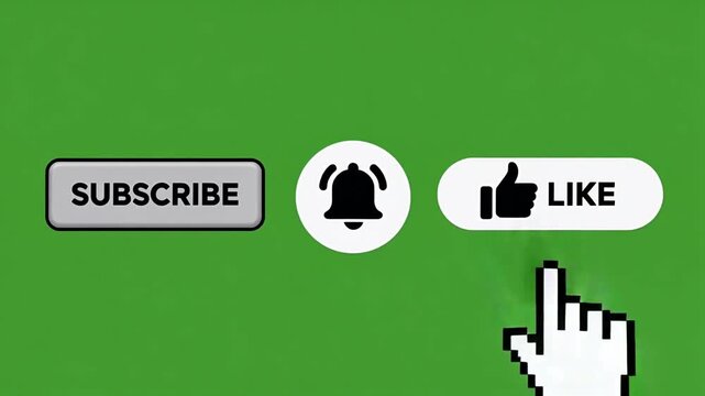 Social media call to action buttons on green screen, subscribe bell and like icons, digital marketing overlay for video creators