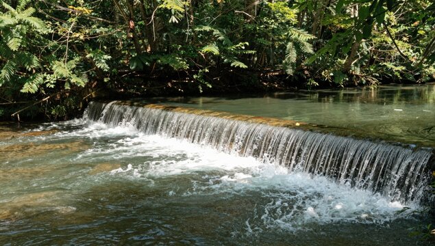 Run of river weir with rushing water and dense green foliage on the bank