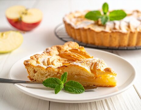 Apple pie slice with fresh apple slices natural light