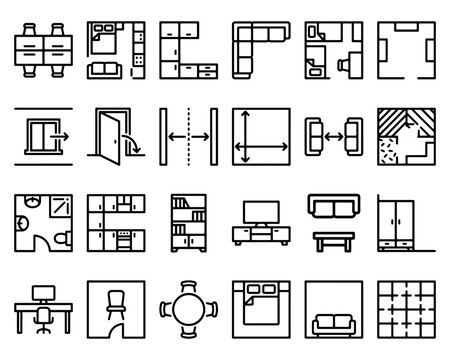 Home furniture and floor plan design element icons with pictogram infographic furniture floorplan interior architecture