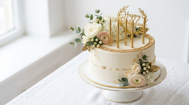 Elegant white birthday cake with gold candles, floral wedding cake with roses and eucalyptus, luxury cream dessert on stand