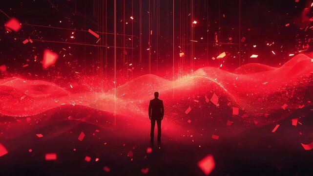 Man silhouette standing before glowing red digital motion wave particles in this dark atmospheric environment dynamic animated business concept video