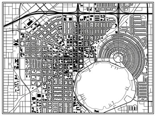 Obraz premium Minimalist black and white urban city map top-down view with highways and grid patterns