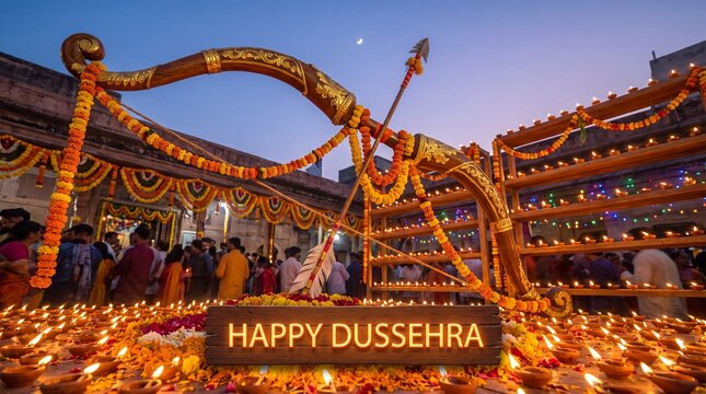 Festive Dussehra Night Decoration with Golden Bow and Diyas