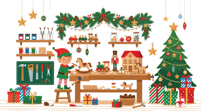 Christmas elf working in a workshop making wooden toys and gifts for the holidays, vector illustration