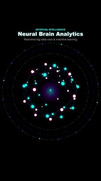 Vertical AI onboarding animation featuring a 3D neural brain network sphere with firing data synapses, glowing HUD rings, and floating particles on a transparent background.

