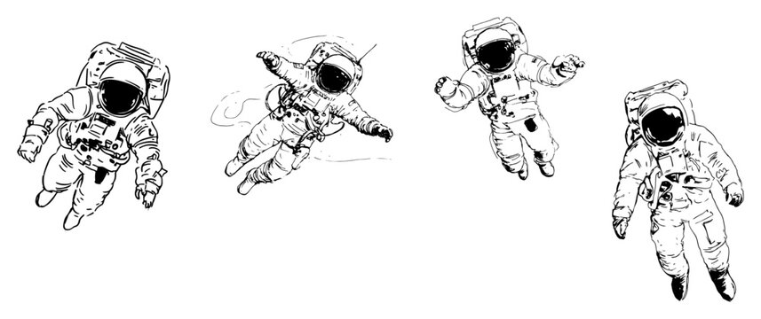 Astronauts floating in zero gravity outer space in line art sketch style