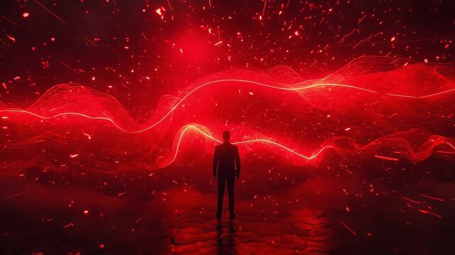 Businessman standing before glowing red waves of energy in this cinematic digital motion video footage animation for modern presentations