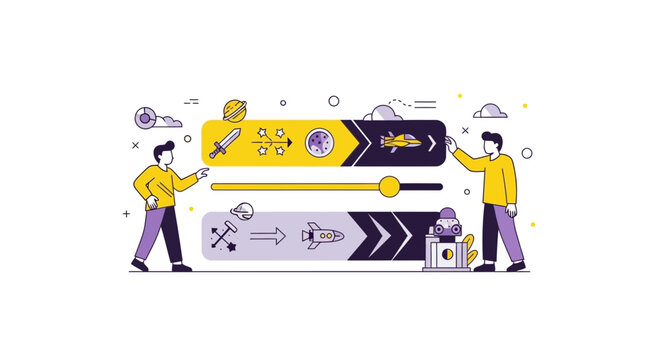 Flat Vector Illustration of Characters Managing Game Progression and Evolution Bars