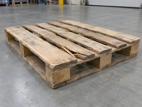 Damaged Wooden Pallet With Broken Boards in Warehouse