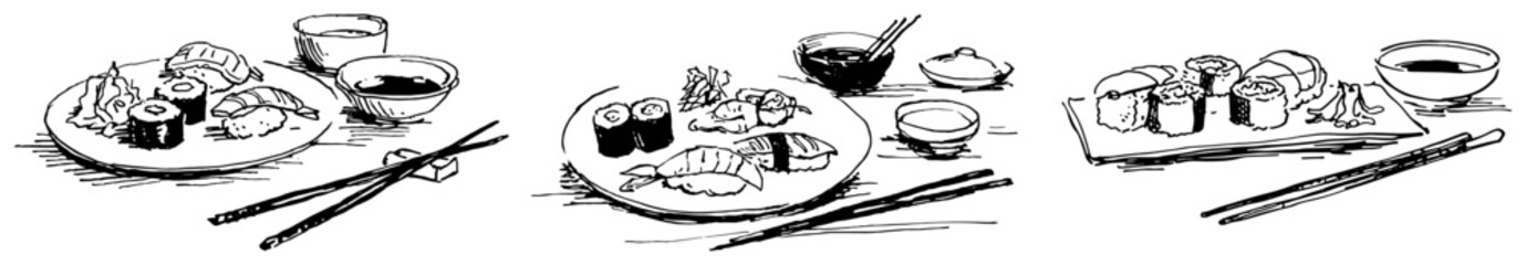 Japanese sushi assortment with nigiri maki rolls and chopsticks in ink sketch style © Celestynka