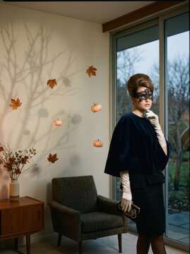 1960s mod fashion model in velvet capelet and lace mask for luxury Halloween campaign, featuring mid-century interior with floating autumn leaves and ample copy space.