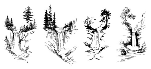 Obraz premium Scenic waterfalls cascading down rocks in mountain forest in ink sketch style