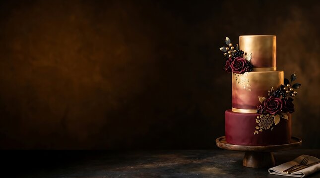 A beautiful three tiered happy birthday cake decorated with dark flowers on a rustic dark brown background