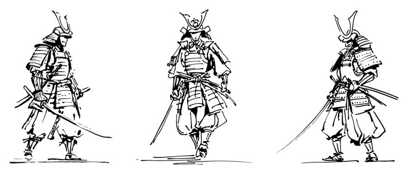 Japanese samurai warriors wearing traditional armor and holding swords in ink sketch style