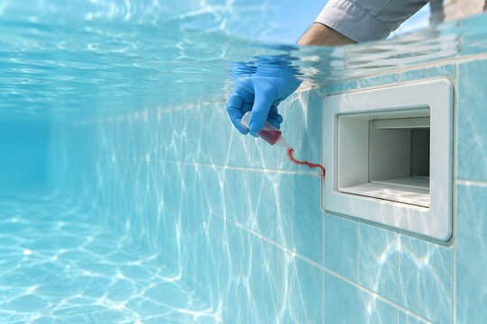 Pool Service Technician Using Red Tracer Dye to Test for a Leak Around a Swimming-Pool Skimmer