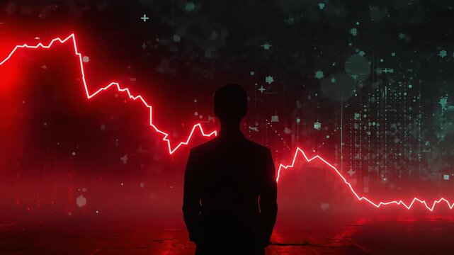 Silhouette of businessman observing red glowing stock market crash line chart animation in dark digital abstract finance motion video background