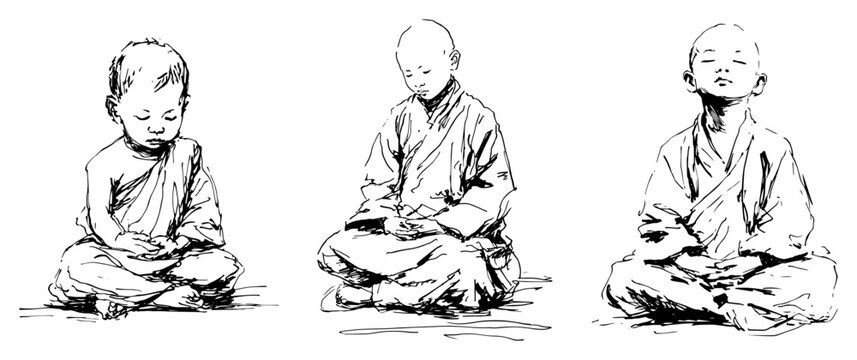Young Buddhist monks sitting in meditation pose in traditional ink sketch style