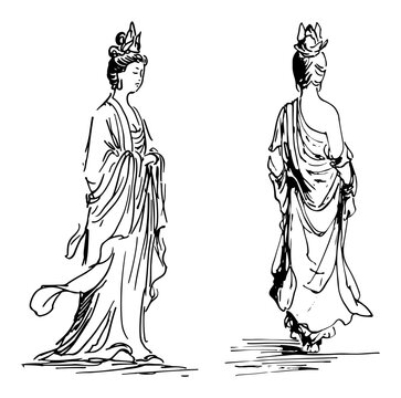 Traditional Chinese woman in elegant robe front and back view in ink sketch style