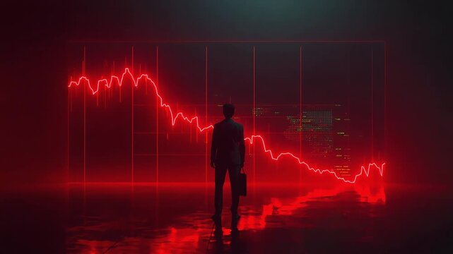 Businessman standing before glowing red financial chart displaying market crash and economic decline in this moody digital motion animation footage