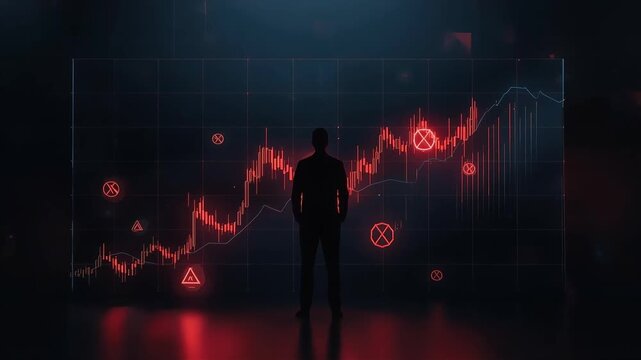Silhouette of professional man analyzing glowing red financial stock market candlestick charts on a digital motion screen loop video background