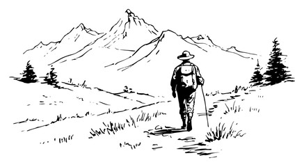 Hiker with backpack walking on mountain trail towards peaks in line art sketch style © Celestynka