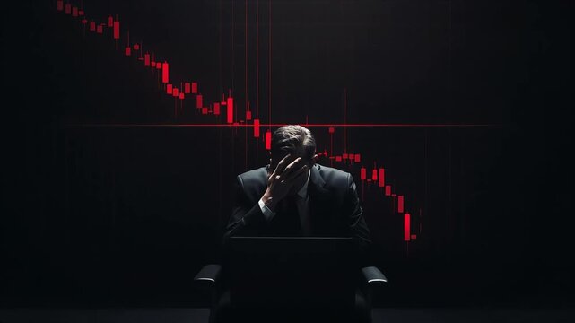 Stressed businessman in dark office reacting to failing stock market charts on screen during live financial data analysis motion video