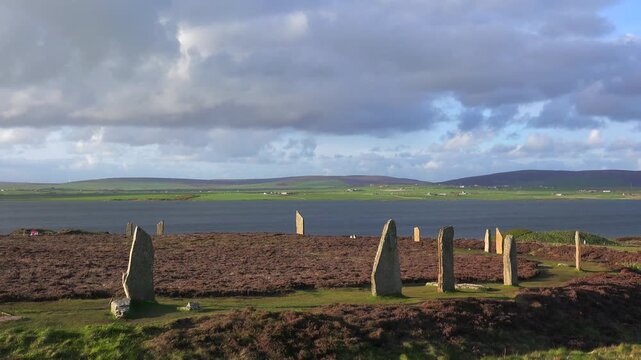 Ancient standing stones at ring of brodgar in orkney islands scotland.