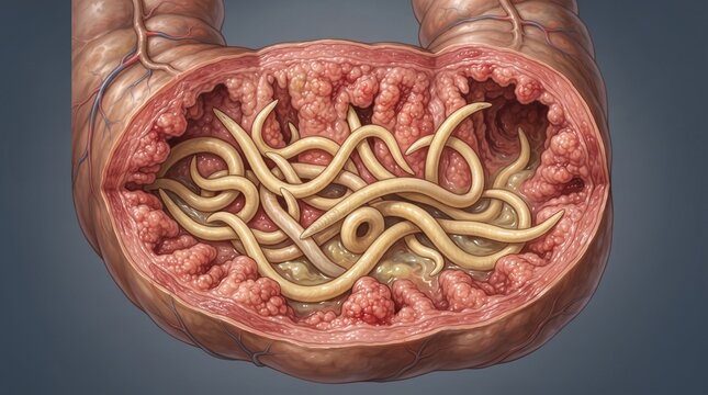 Cross-section of a human intestine with the lumen filled with parasitic worms; the intestinal wall is inflamed and thickened. Intestinal worm infection, gastrointestinal disease; for medical education