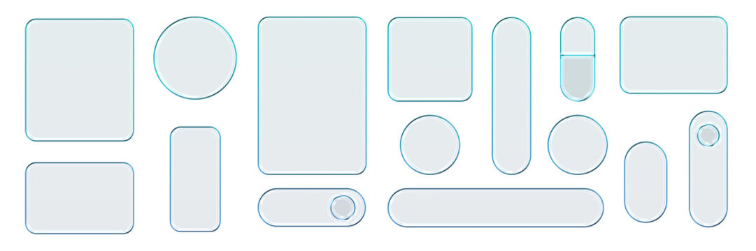 Transparent glass elements with liquid morphism effect for ui design and modern interfaces. Rounded rectangles, circles and buttons with frosted blur overlay. Glassmorphism components for web or app