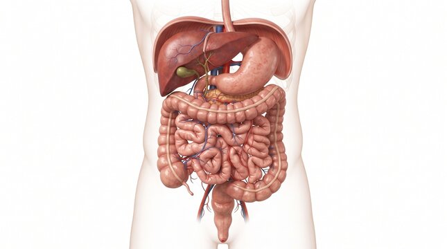 Human digestive system anatomy: liver, stomach, gallbladder, pancreas, small and large intestines, blood vessels. Transparent, isolated. Anatomy education, digestive health, biology, medicine.