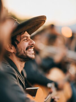 Smiling man in cowboy hat playing acoustic guitar at an outdoor music event