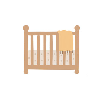Cute wooden baby crib cot with polka dot mattress and blanket illustration PNG clipart isolated on transparent background