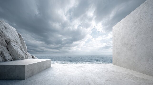 A clear, empty, light-colored space in the top-left quadrant for text overlay. Dramatic clouds, epic scale, texture of stone and sea. 