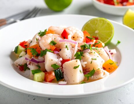 Peruvian ceviche fresh lime marinade clean white plate