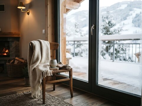 Cozy wooden chair with a soft knitted blanket placed by a large window overlooking a beautiful snowy mountain winter landscape scene