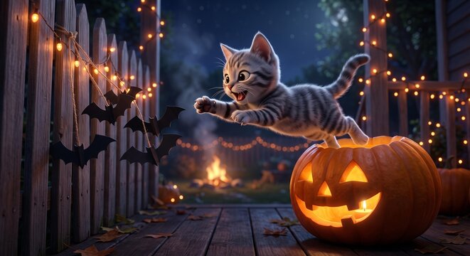 Cute Kitten Jumping from Carved Halloween Pumpkin at Night