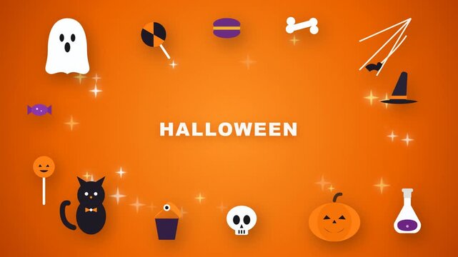 Halloween spooky icons animation with pumpkin ghost on orange background