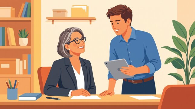 Illustration of Senior Businesswoman Smiling at Colleague Holding Tablet