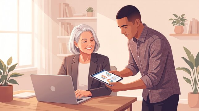Illustration of Businesswoman and Colleague Reviewing Bar Chart on Tablet