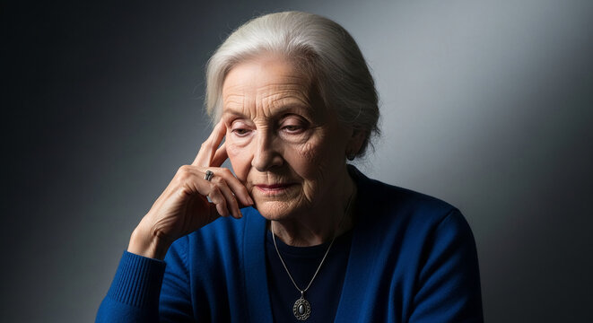 Portrait of an elderly woman with grey hair, wearing a blue cardigan and a pendant, deep in thought, symbolizing contemplation and wisdom
