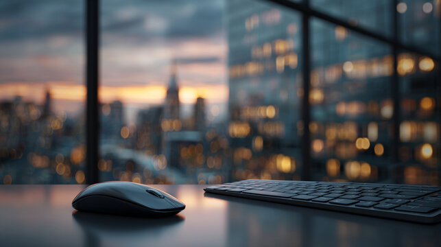 Modern wireless computer mouse and slim keyboard sitting on desk overlooking blurry city night skyline background
