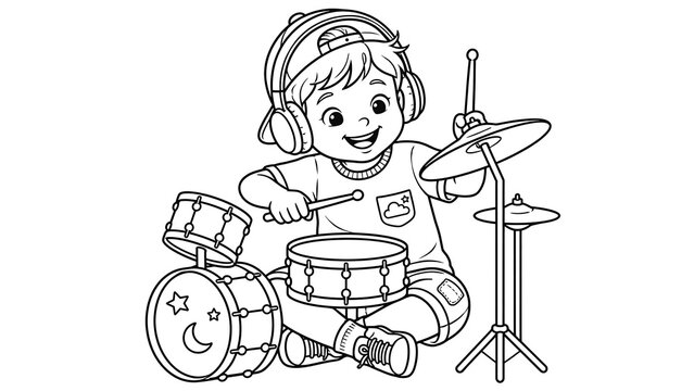 Happy child playing drums white background.
