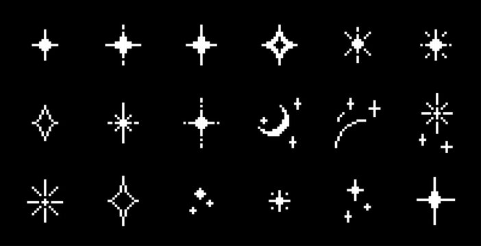 Pixel Art Sparkles and Magic Effects Set, Retro 8-Bit Stars and Shining Symbols